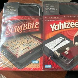 RARE Travel sized Scrabble and Yahtee set duo in 2 separate zippered cases